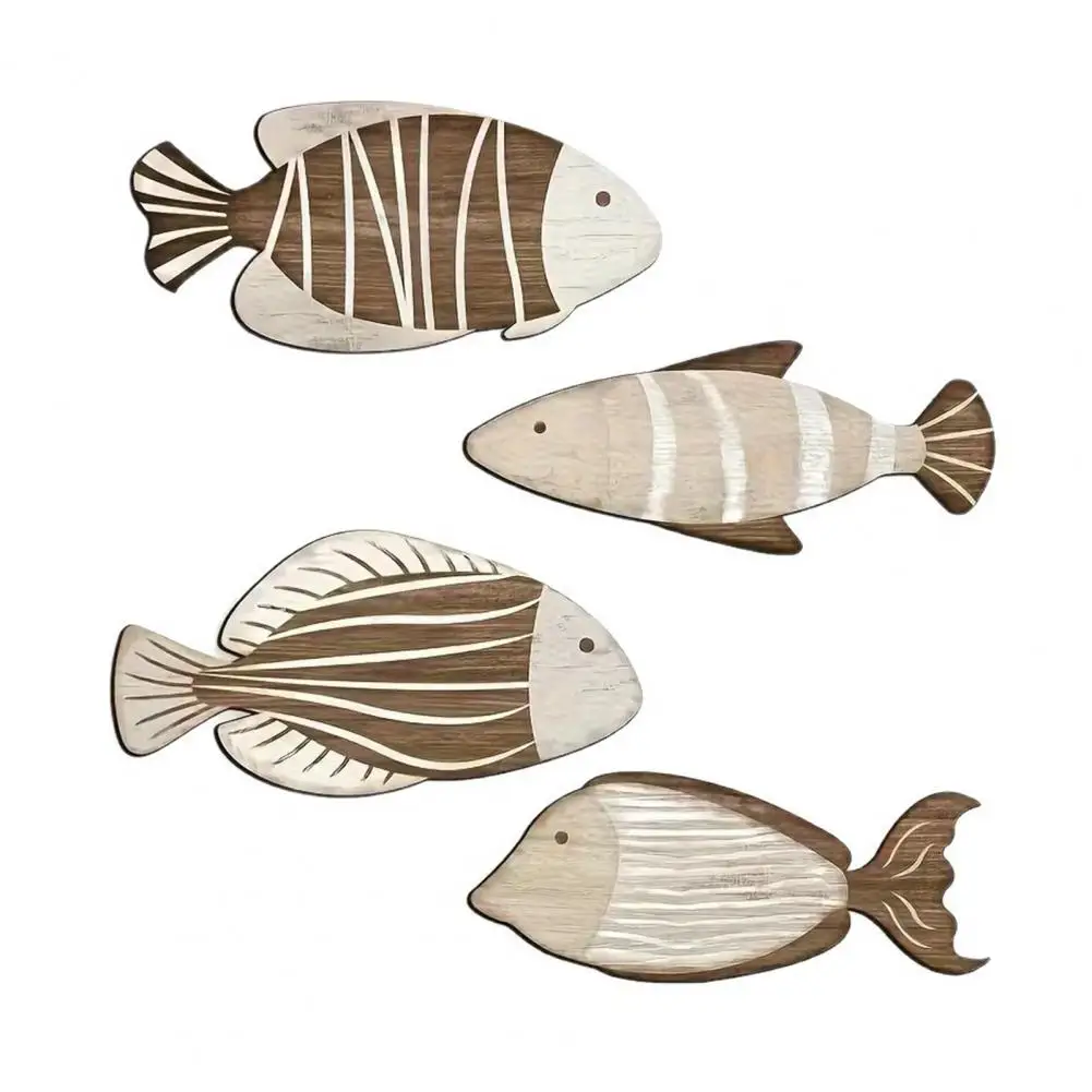 

4 Pcs Wood Fish Wall Decor Double-sided Tape Wall Art Coastal Hanging Sculpture for Lake House Bathroom Bedroom Home Decor