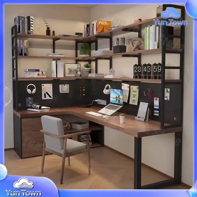 Solid Wood Corner Desk Bookshelf Integrated Long Table Workbench Study Computer Desk for Home Office for Wall Mount for Small