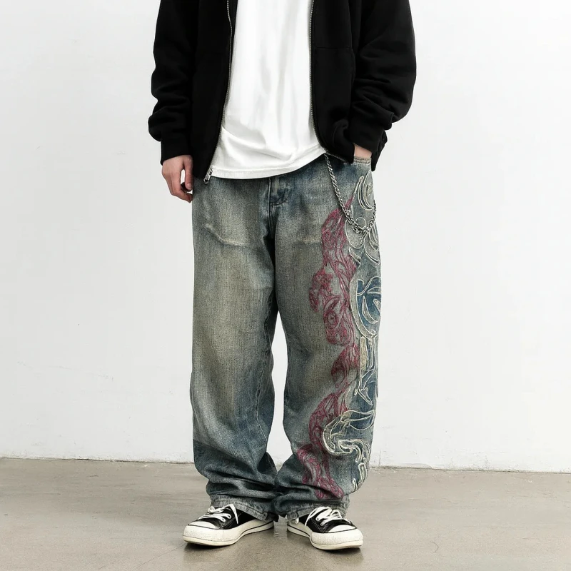 

Y2K Мешковатые джинсы с американским новым узором и вышивкой Мужские уличные винтажные модные повседневные джинсовые брюки в стиле хип-хоп с широкими штанинами для пар