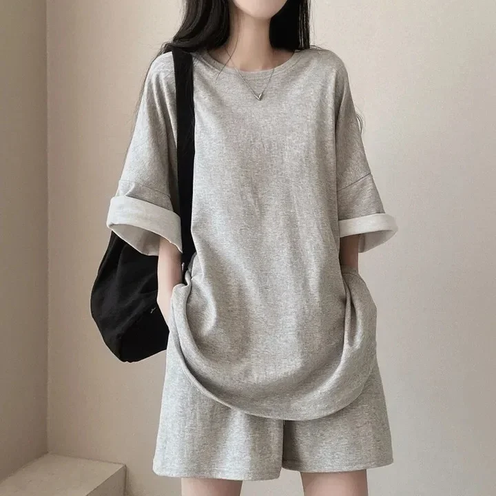 Pure Cotton Short Sleeve T-Shirt And Shorts Set for Women Casual Sporty Couple Outfit in Mid-Length Korean Style Summer Wear