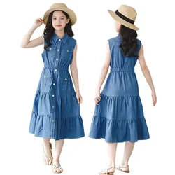 Girls New Summer Denim Dress Teenagers Pure Cotton Vest Skirt Children  Fashi Sleeveless Clothes 6 8 10 12 14 16 Year