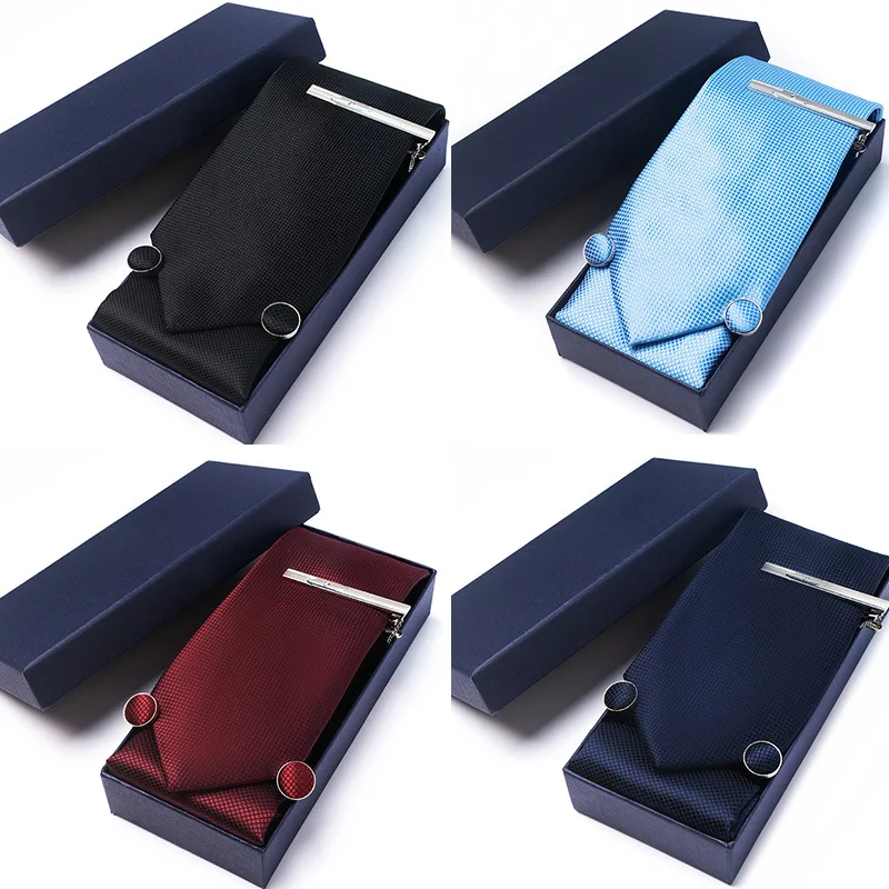 Plaid Mens Necktie Gift Box Ties Pocket Square Cufflinks And Tie Clip Suits For Party Wedding Navy Blue Black White Corbatas Set