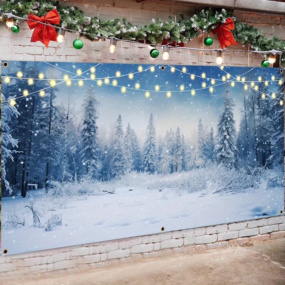 2D-Türbanner, 1 Stück, Winterschnee, Kiefernwald, Polyester-Garagentorbanner – einfach im Freien aufzuhängen für Urlaubsdekoration, Weihnachten