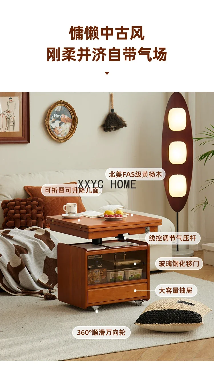 Solid Wood Lifting and Foldable Coffee Table Movable Side Table Trolley Tea Table Side Cabinet Multi-Function with Wheels image 4