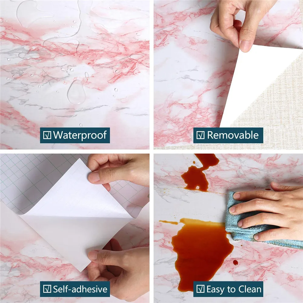 Glossy Pink Marble Contact Paper for Countertop Granite Wallpaper Self-Adhesive Removable Kitchen Waterproof Oil Proof Sticker
