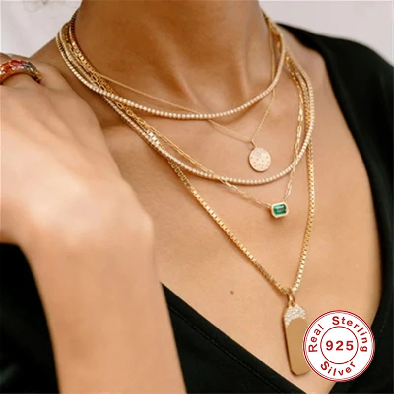 Collares Mujer 925 Sterling Silver Paperclip Chain Necklaces Emerald Zircon Pendant Necklace For Couple Anniversary Gift