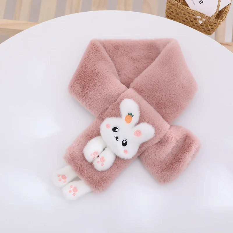 Baby Boys Girls Winter Scarfs Thick Plush Cross Children Scarf Baby Bib Cute Cartoon Rabbit Faux Fur Neck Protection Warm Shawl