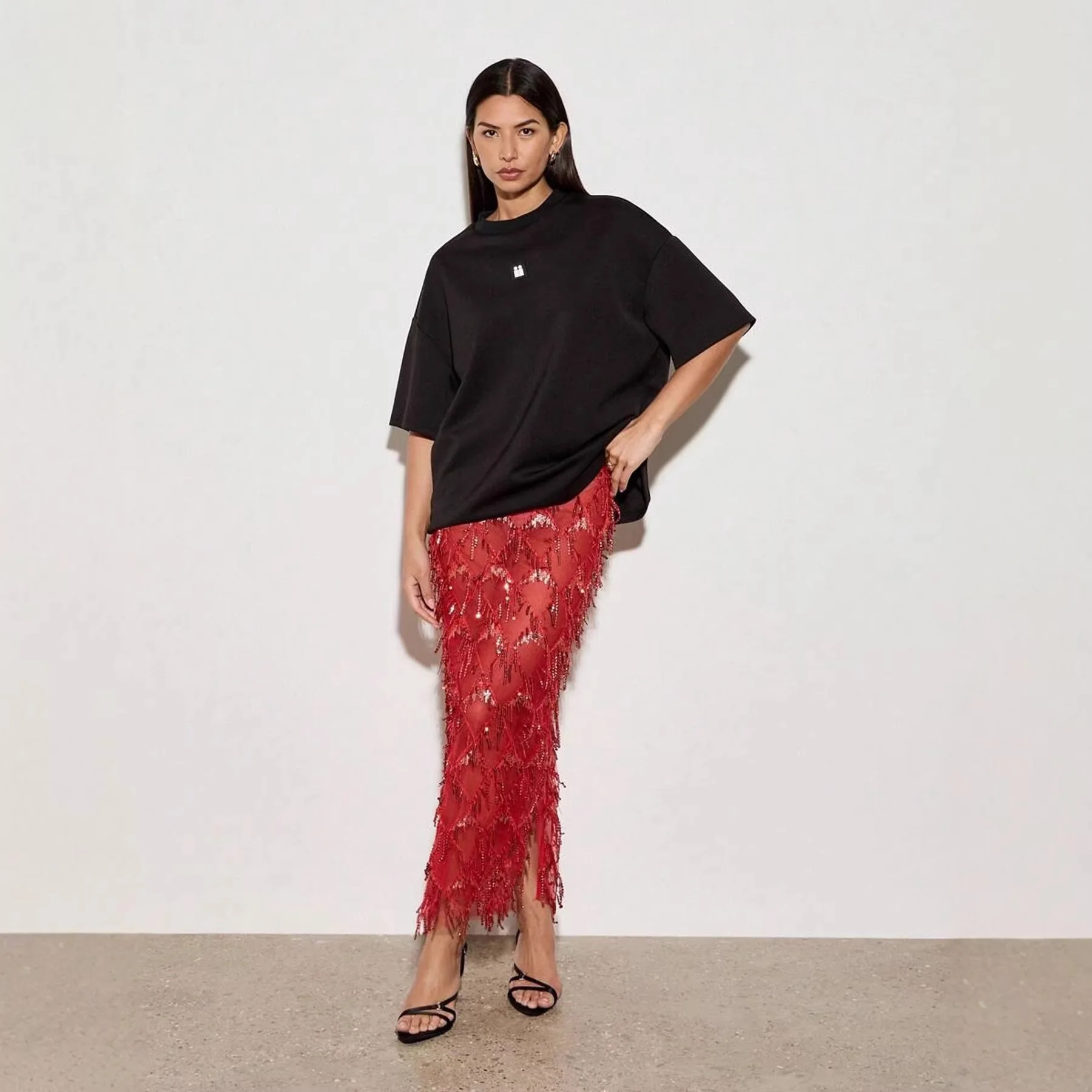 

Fashion Shiny Sequins Half Skirt Sexy Hollow Out Tassel Solid Side Split Skirt Women Temperament Hight Waist Club Party Skirts