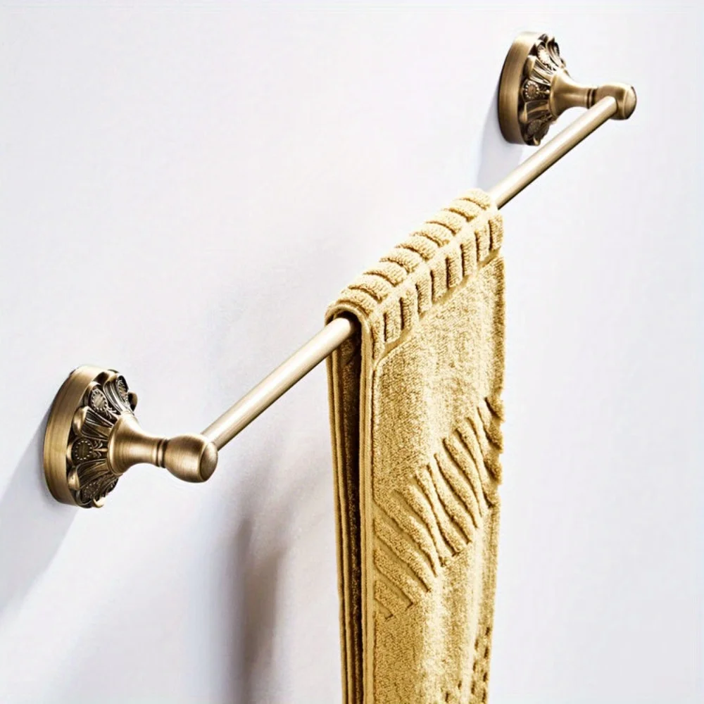 

61cm Length Vintage Embossed Round Chassis Antique Craft Towel Bar, Antique Brass European Brushed Towel Bar Single Bar