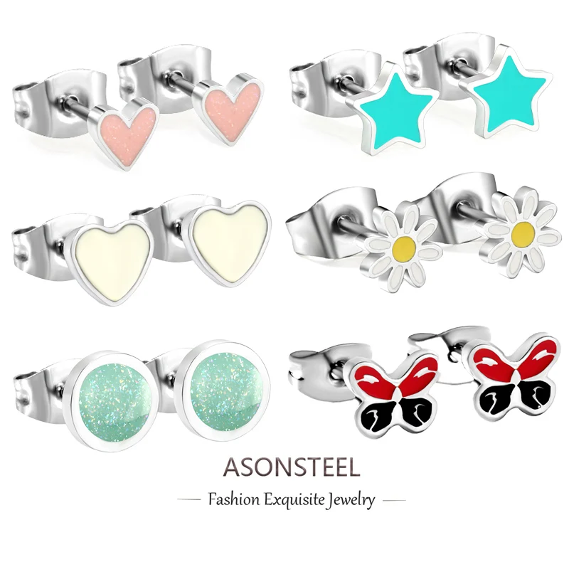 ASONSTEEL Heart Star Cubic Zirconia Buffterfly Stud Earrings Silver Color Anti-allergic Stainless Steel Women Jewelry Trending