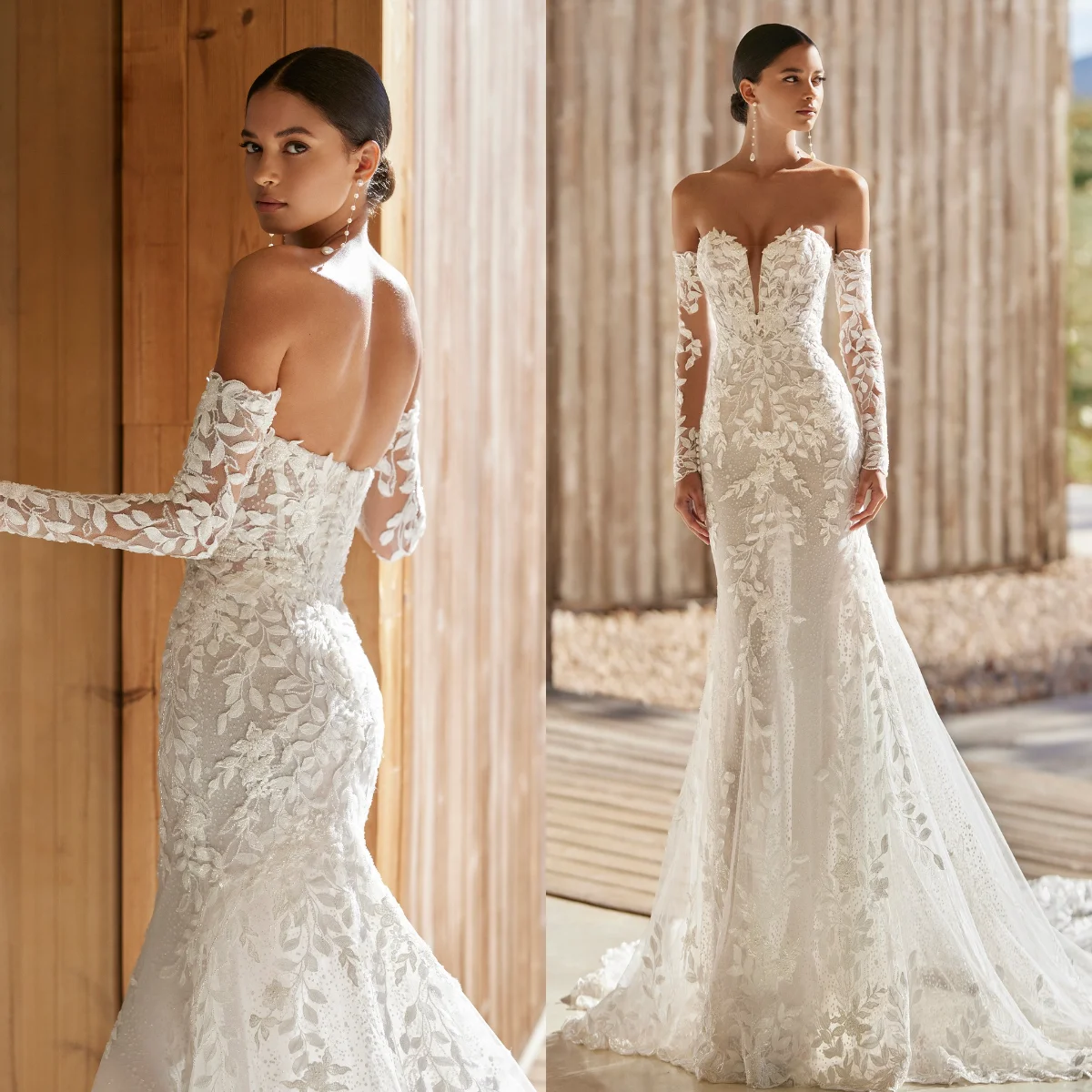 

Элегантные кружевные аппликации, свадебные платья русалки, свадебные платья со съемными длинными рукавами, милое платье на заказ, Vestido de novia