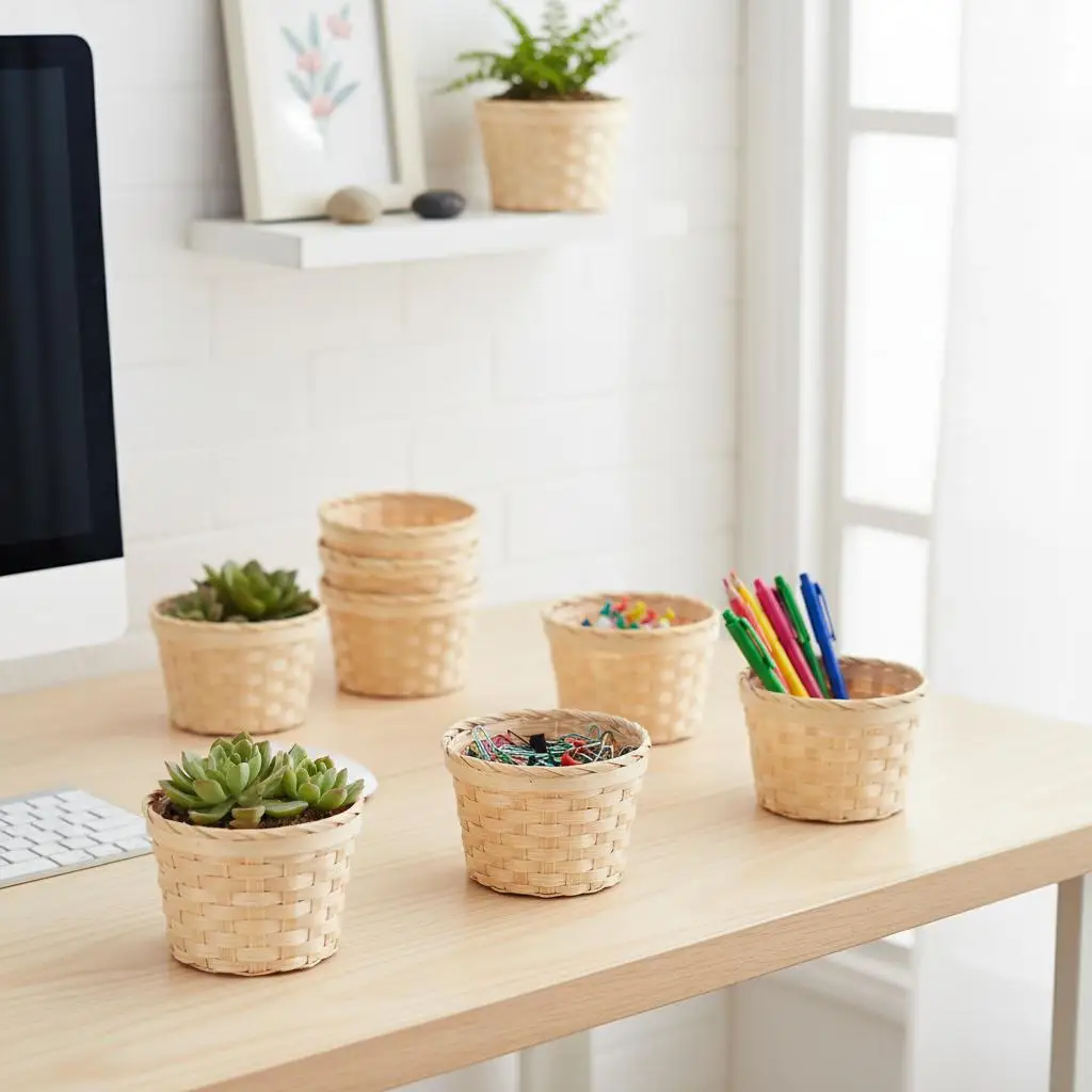 

8Pcs Mini Bamboo Woven Storage Basket Compact Sundries Organizer for Home Office Decoration Mini Baskets Tiny Basket
