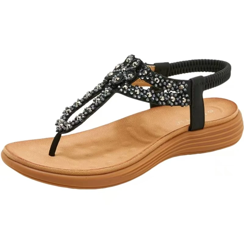 2026 New Women Flat sole Big Size Flip Flop Sandals Summer New Soft Sole Slip On Bohemian Style Outdoor Beach Rhinestone Sandals