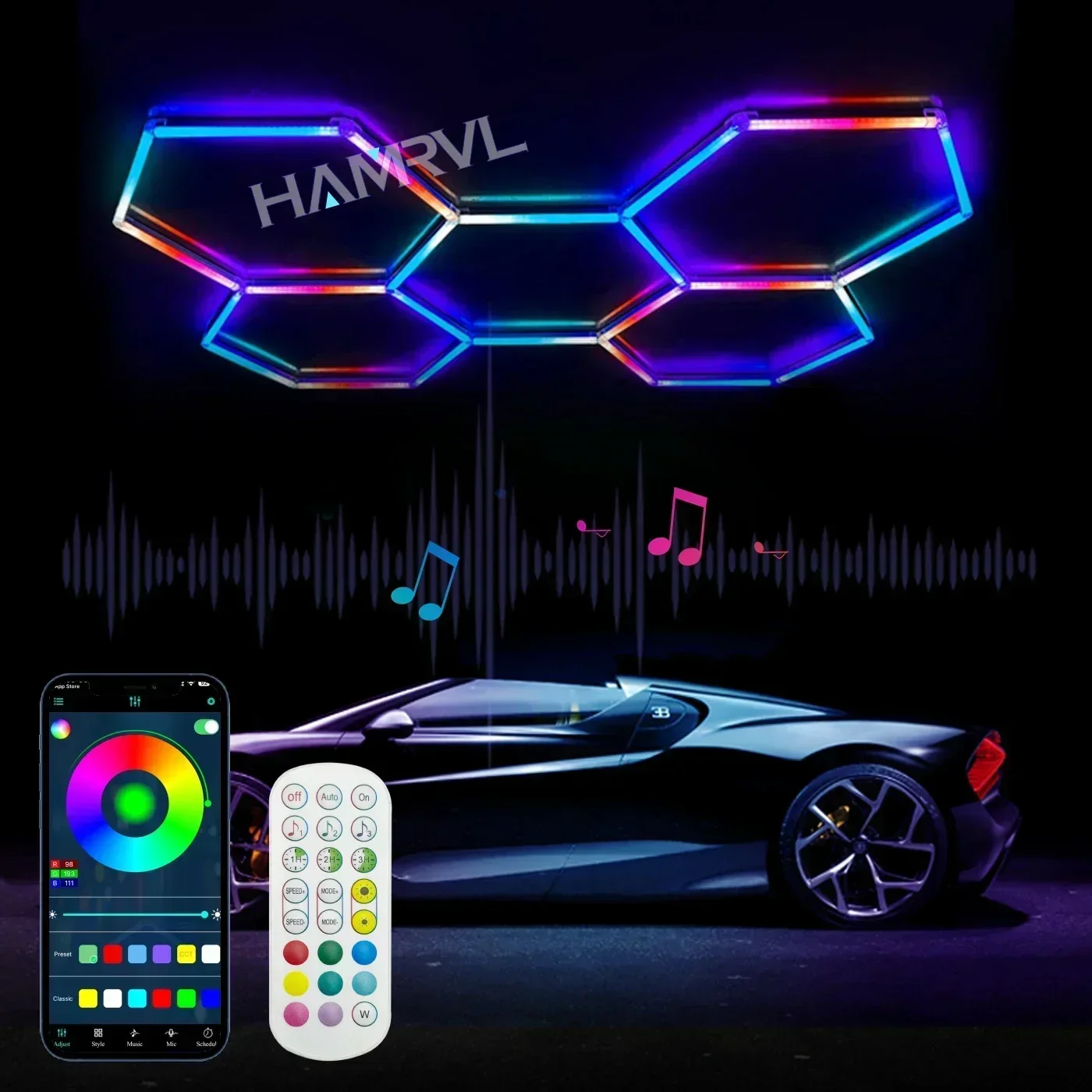 Hexagon Led Lights App and Remote Control  RGB Garage Panel Lighting Chasing Color Dimmable Ceiling for Party Gaming Stage party