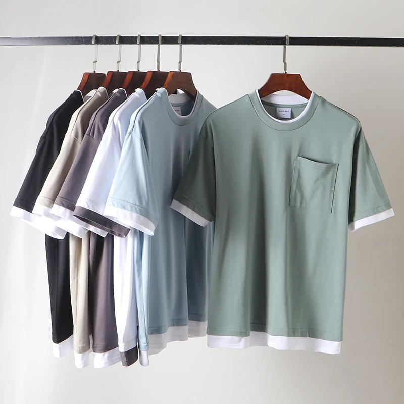 Washed Pure Cotton Short Sleeve T-Shirt Men's Loose Casual round Neck Pocket Half Sleeve American Style New Model Summer Wear