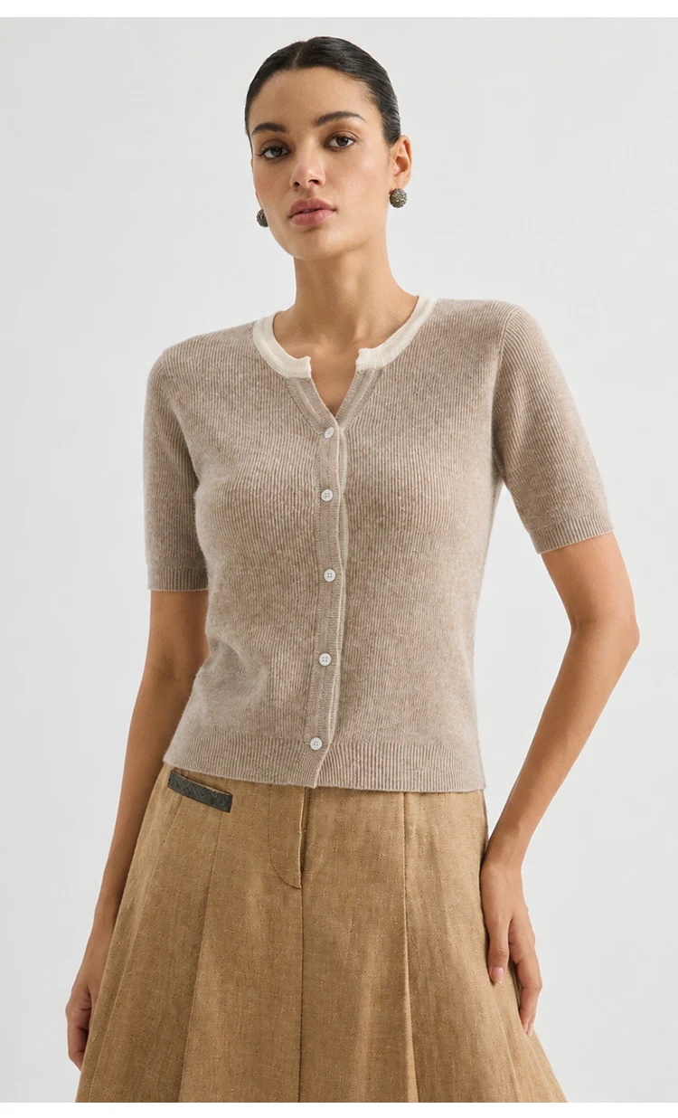 ML62125 Damen Schicker V-Ausschnitt Kurzarm Strickjacke mit Knopfleiste, gerippt, aus Modal-Mischgewebe, Frühherbst-Pullover – Detail 7