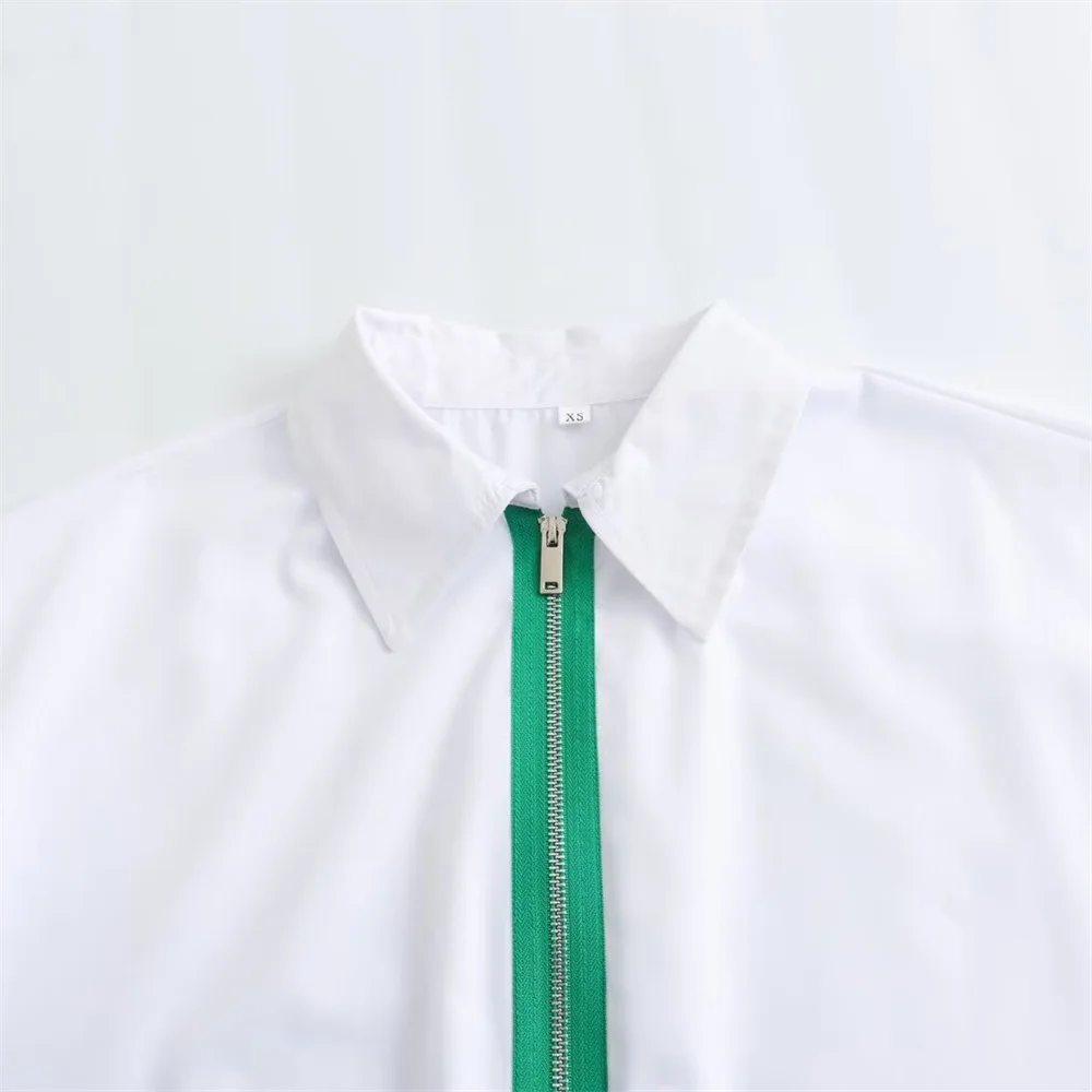 เสื้อเชิ้ตผู้หญิงแฟชั่นสไตล์ใหม่รับฤดูใบไม้ผลิ ทรงหลวม แขนยาว ตัดต่อสีตัดกัน พร้อมซิป