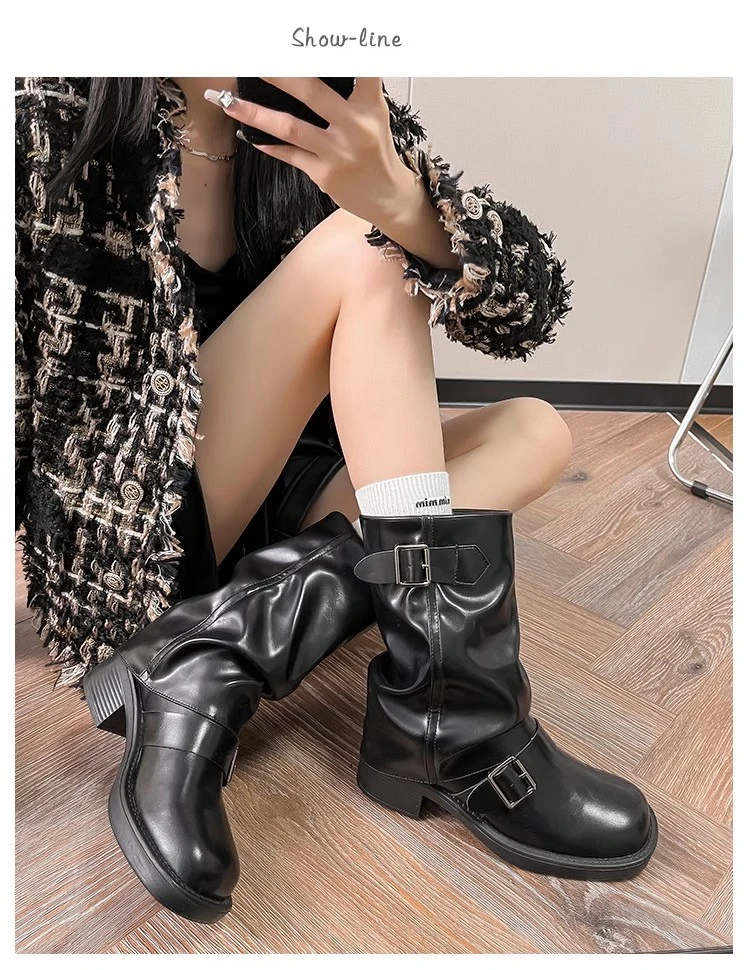 Botas Retro de Pierna Ancha, Botas Altas para Mujer, Nuevas Botas Holgadas de Tubo Alto para Invierno 2026, Botas de Montar Versátiles a Media Pantorrilla Estilo Hot Girl