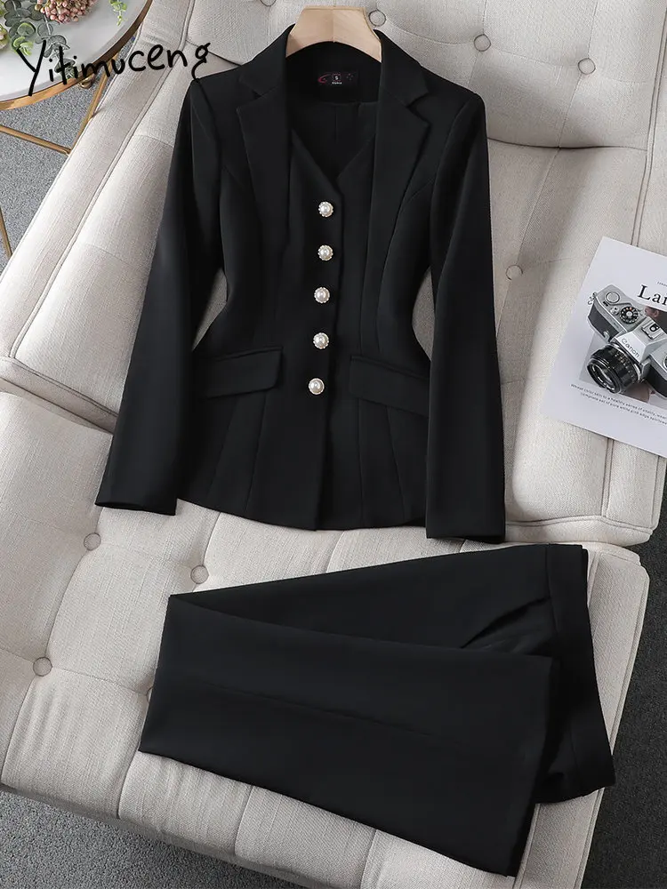 Yitimuceng Solid Suits for Women 2023 Fashion Office Ladies Single Breasted Long Sleeve Blazer Women Chic Slim Suits Pants Set