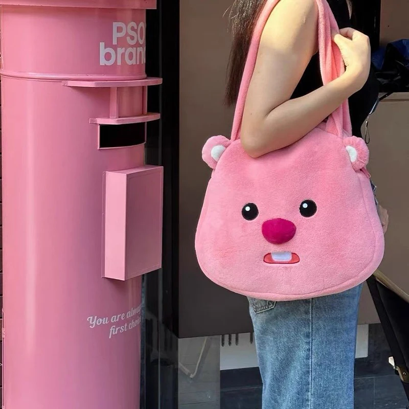 Kawaii Loopy Plush Shoulder Bags Cartoon Pink Beaver Large Capacity Bag Cute Anime Tote Handbags Bag Birthday Gifts Women Girls