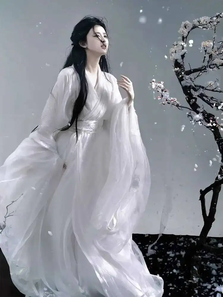 

Hanfu[Xuemei]Women's Embroidered Large Sleeve Shirt Double Layer Cross Collar Long Shirt Cool Style White Spring Summer Style