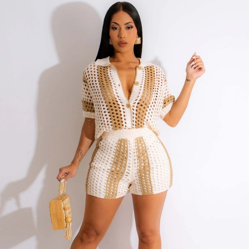 

Dashiki African Knit Ribbed Crochet Women's Set Short Sleeve Shirt Sweater And Shorts Suit 2023 Two 2 Piece Set Outfit Tracksuit