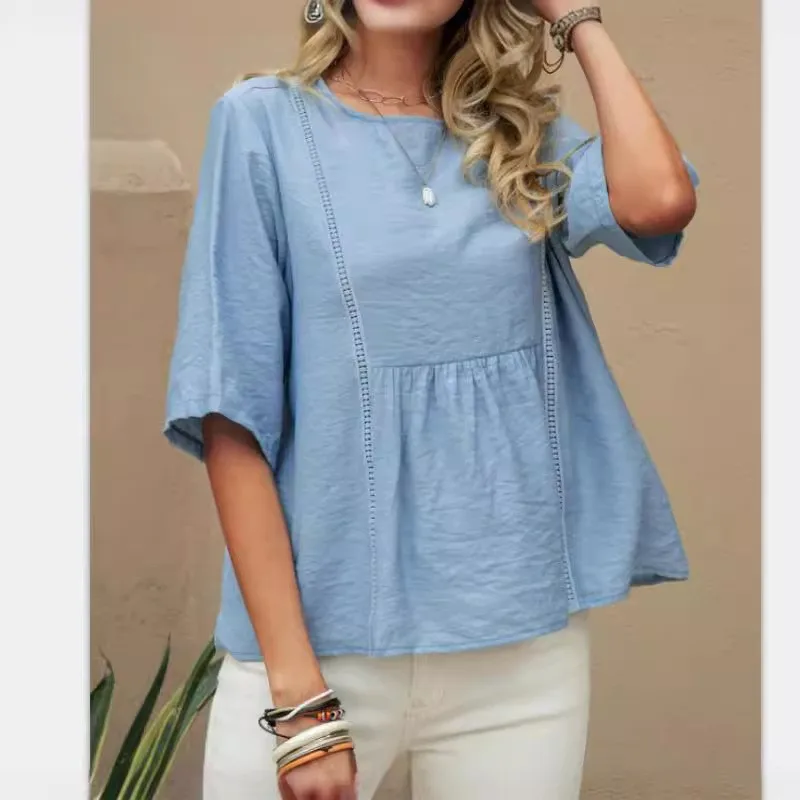 Short Sleeve Blouse Cotton Linen Solid Color Loose Fit Blouses White Light Blue Boho Style Top Oversized Peplum Hem Tunic
