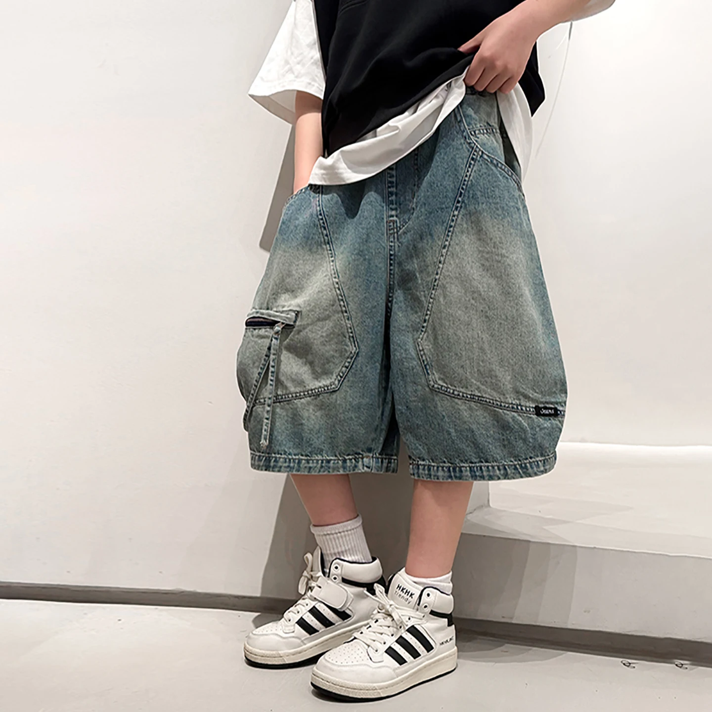

Summer New Baggy Denim Shorts Fashion Casual Straight Harajuku Jeans Boys Vintage Wash Drawstring Short Pants Streetwear 4-14Y