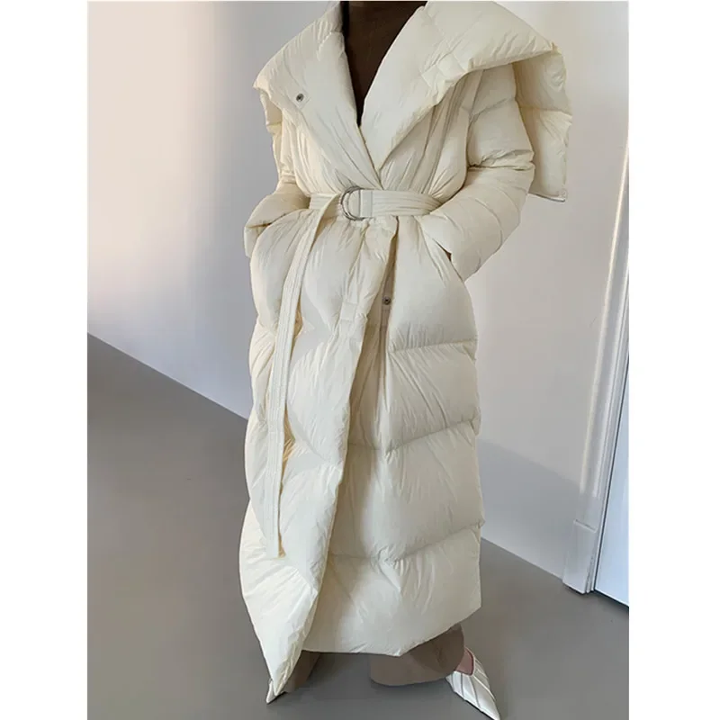 High end ultra longo branco ganso jaqueta para as mulheres inverno 2025 nova moda para baixo casaco feminino engrossar parka casaco com cinto