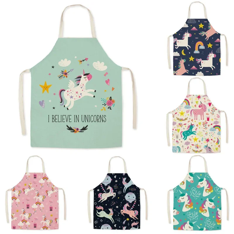 Cartoon Unicorn Fashion cotton Linen Fabric Apron Kitchen Waterproof Sleeveless Halter Apron Cooking Baking Barbecue Accessories