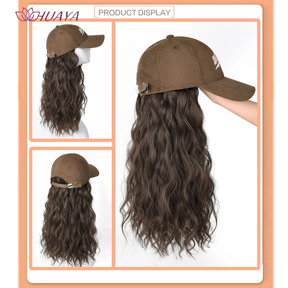 Long Corn Curly Hat Wig for Women Natural Brown Wigs Connect Synthetic Synthetic Baseball Cap Hair Hat Wig Adjustable Fake Hair