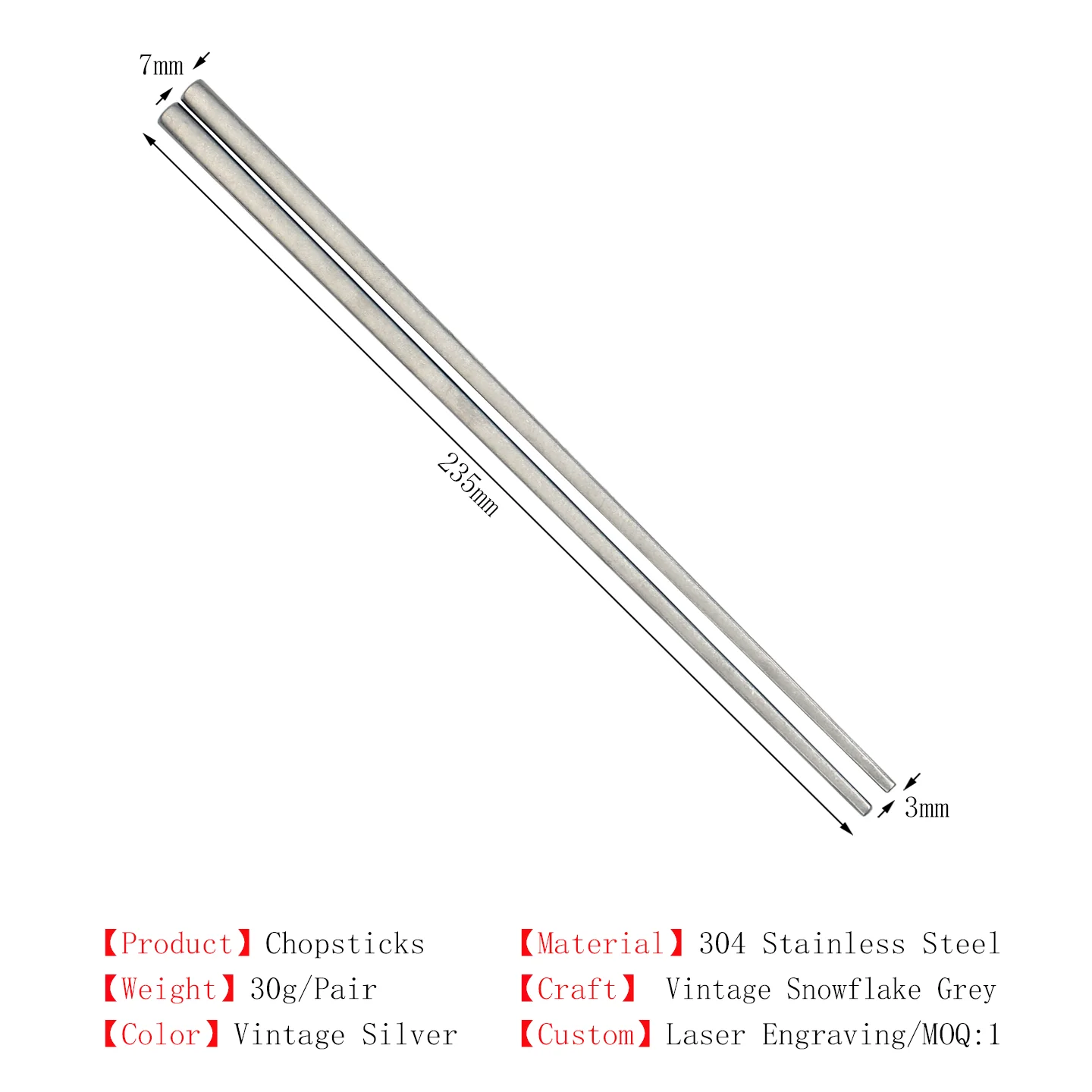 304 Stainless Steel Chopsticks Laser Engraved Custom Logo Name Signature DIY Vintage Snowflake  Distressed Korean Tableware Gift