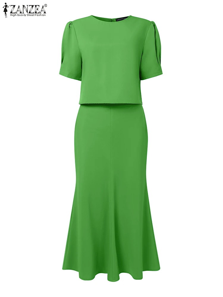 ZANZEA موضة ملابس الصيف 2 قطعة مجموعات فساتين النساء الصلبة OL العمل رياضية أنيقة قصيرة الأكمام بلوزة فستان الشمس قطعتين مجموعات #4