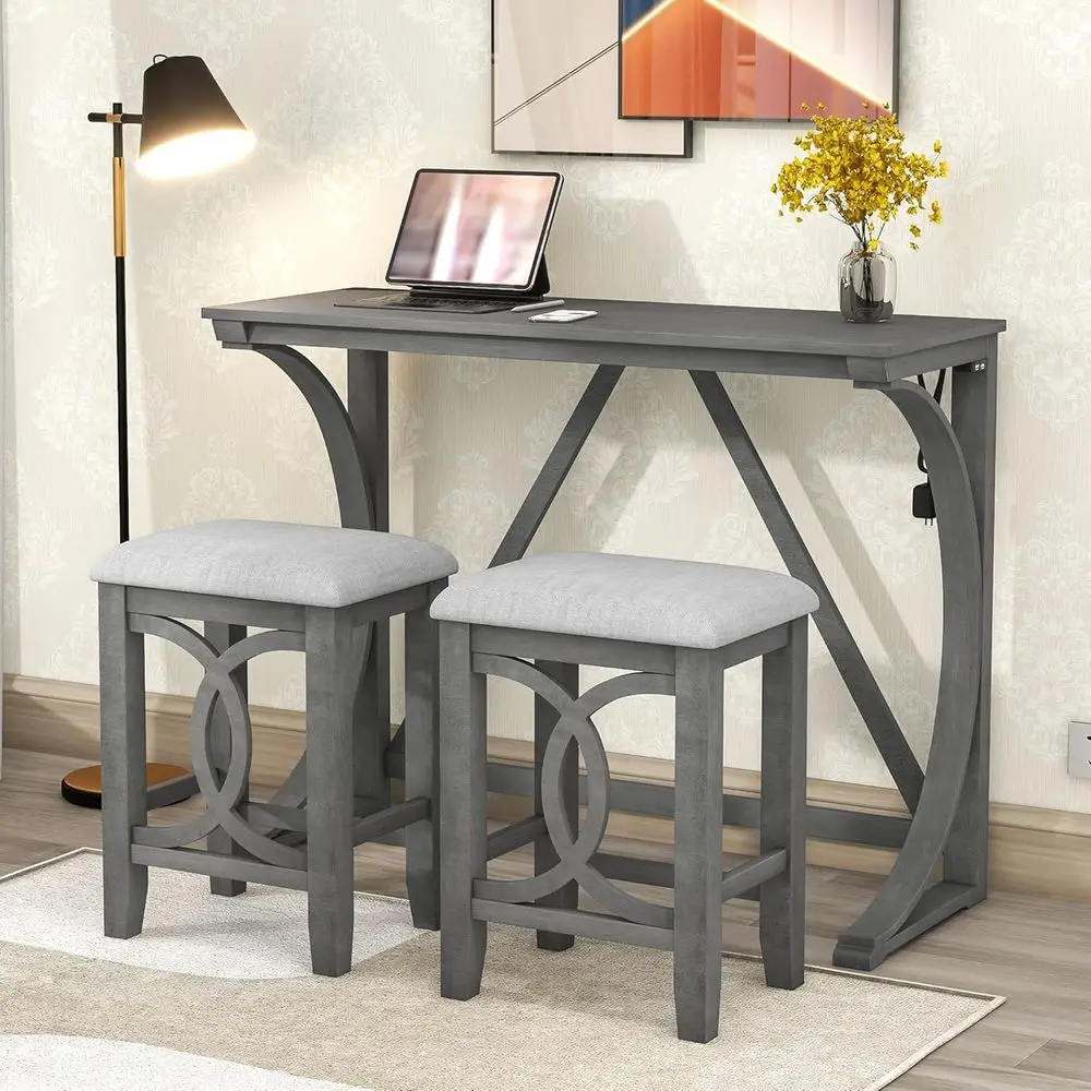

Counter Height Dining Set with USB Port, Gray Wood Table & 2 Upholstered Stools for Small Spaces