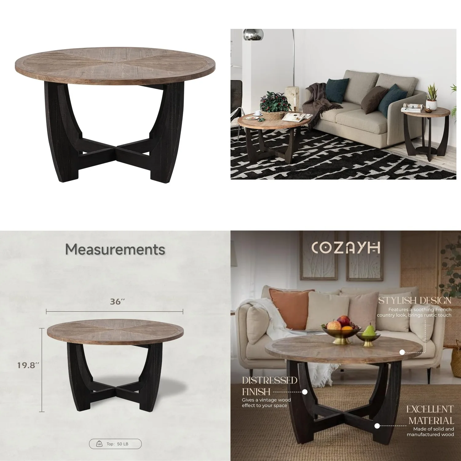 

Rustic Farmhouse Coffee Table Crisscross Base French Country Accent Family Dining Living Room Round Wood Customized