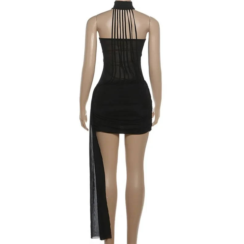 Transparentes Mesh-Splicing-Bodycon-Kleid mit Schlank-Effekt, Rückenfrei, Schulterfrei, Bustier-Kleid, Nachtclub-Kleider, Ärmellos, Gerafft, Vestidos – Detail 13