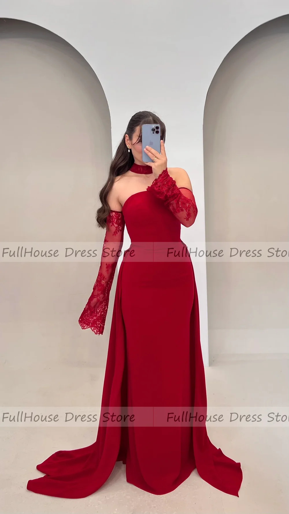 Nach Maß, bezauberndes U-Boot-Kragen, 3/4-Ärmel, Spitze, Hochzeitskleid, Etuikleid, sexy, rückenfrei, bodenlanges Abendkleid mit Schleppe