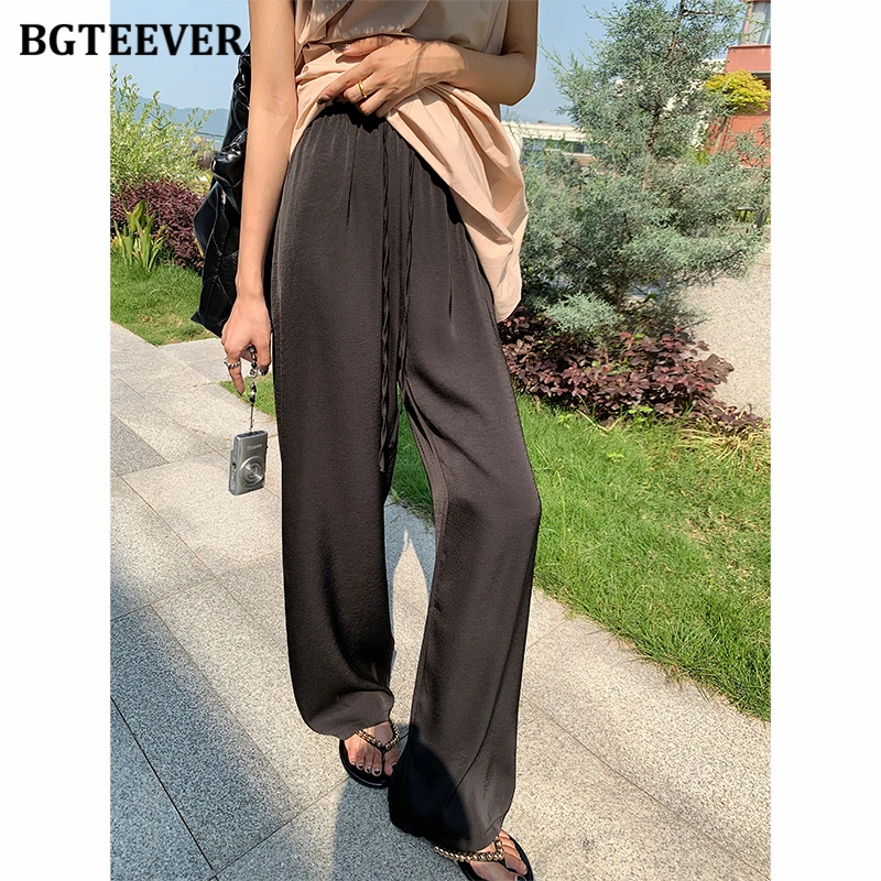 BGTEEVER Spring Summer Lace-up Elastic High Waist Ladies Floor-Length Straight Trousers Casual Loose Female Wide Leg Pants