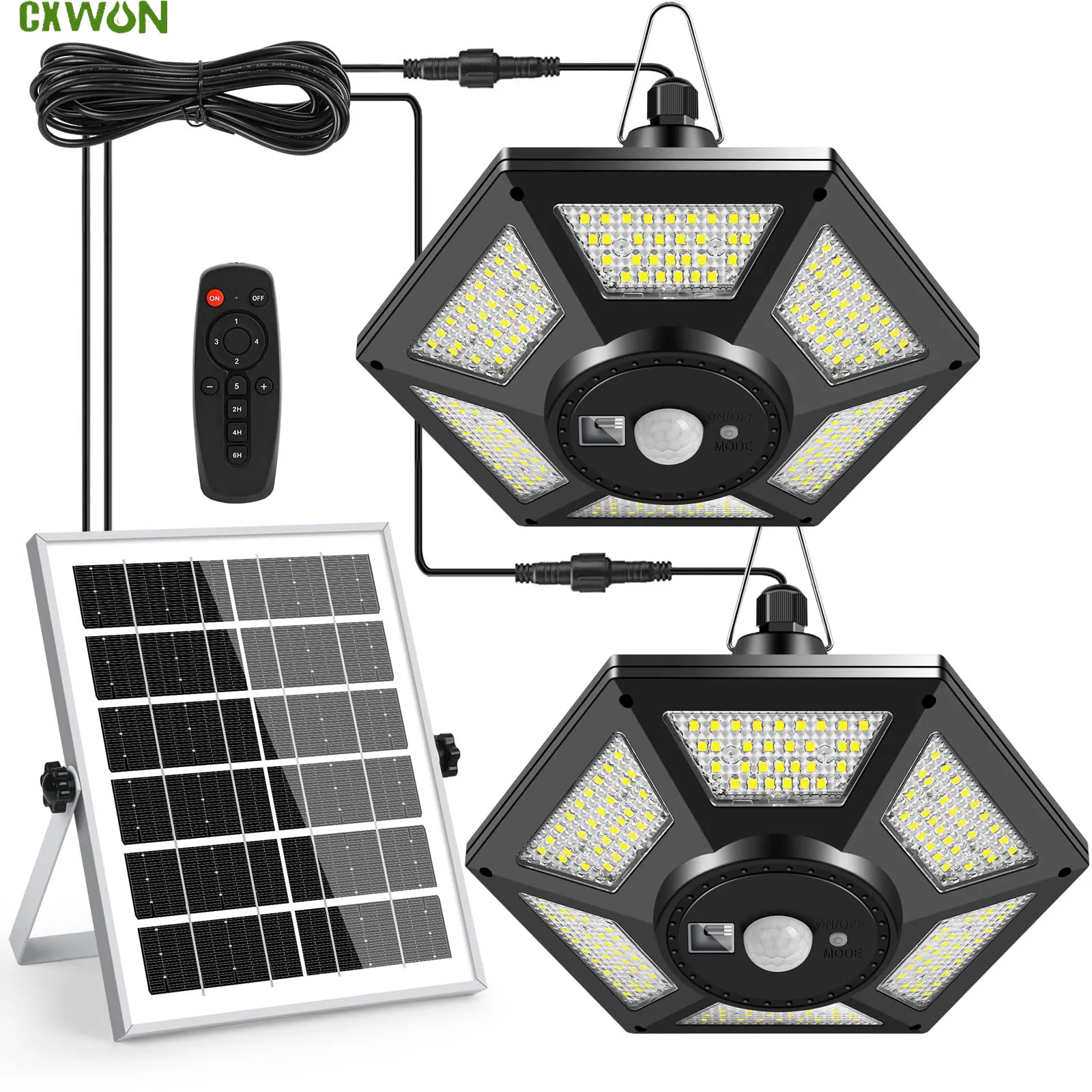 Double Head Solar Pendant Light Outdoors with Motion Detector LED Super Bright Solar Shed Lights 5 Modes Garage Lamp for Garden