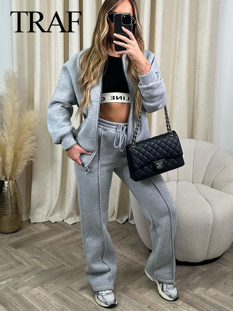 TRAF 2023 Women\'s Lined Fleece Hoodie Coat Sweatshirt Set High Waisted Loose Sweatpants Women\'s Drawstring Pants 2-piece Set