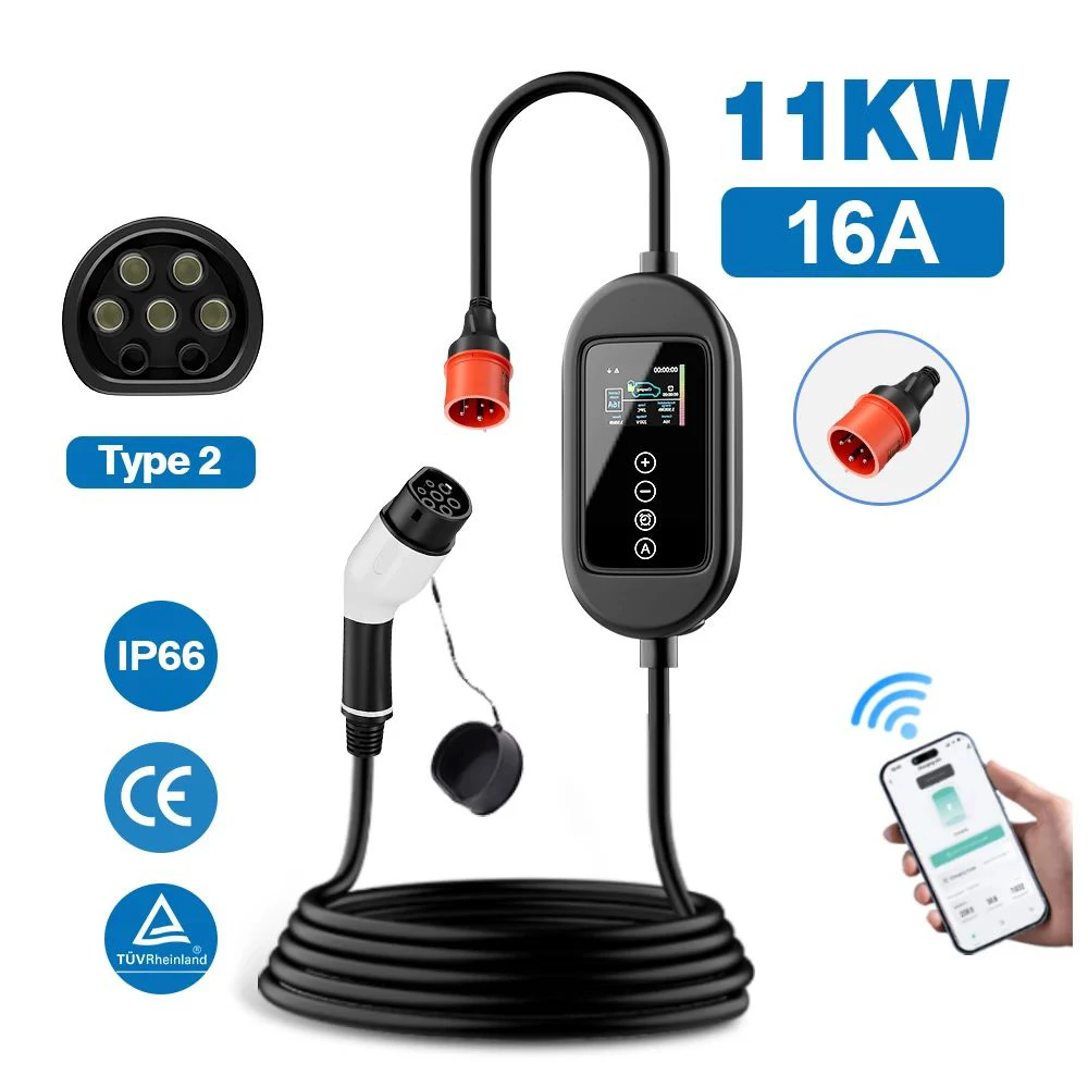 

16A 11KW Portable EV Car Charger 3 Phase Type2 CEE Plug Connector 5 Meter Charging Cable Electric Vehicle Car Battery Charger