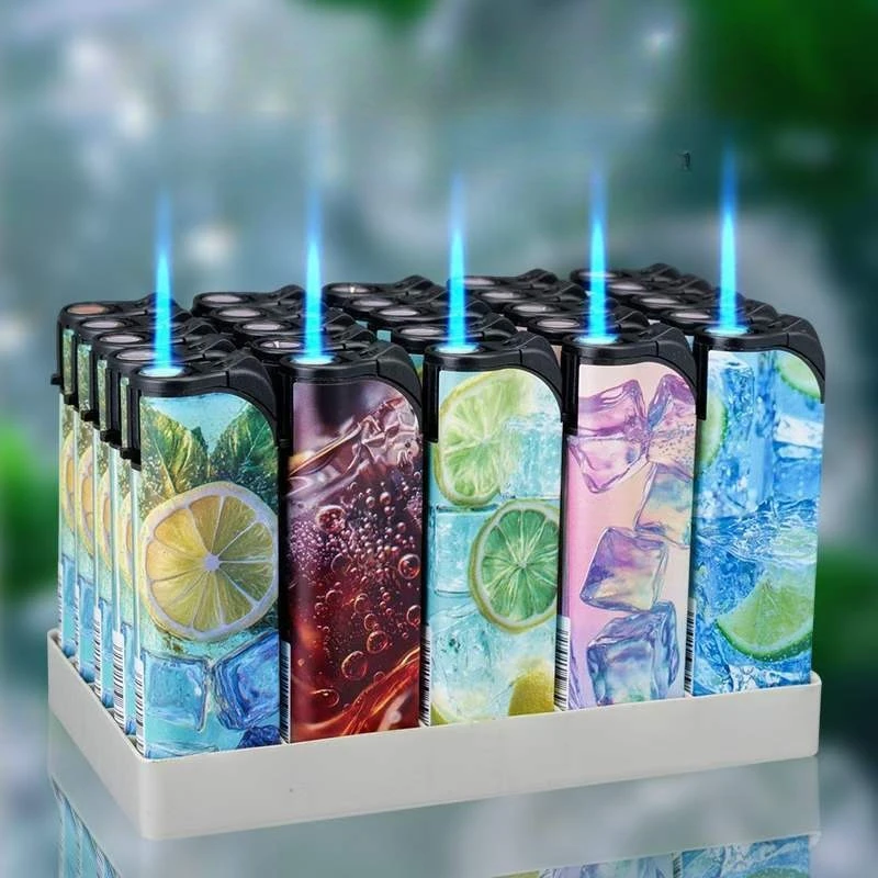 

Стильная многоразовая ветрозащитная зажигалка с синим пламенем, взрывобезопасная, утолщенная, с милым мультяшным фруктовым принтом, креативная зажигалка