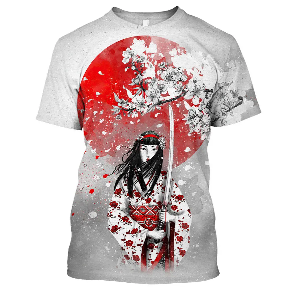 Japanese Geisha Samurai Men\'s T Shirt Round Neck Casual Short Sleeve Tops Men\'s Clothing Summer Oversized Harajuku Streetwear