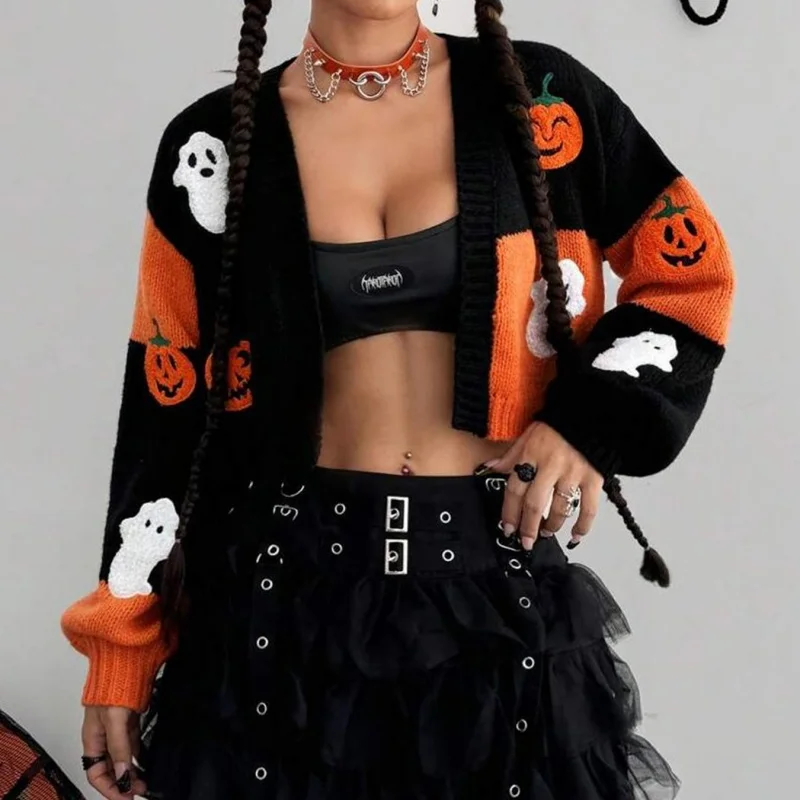 Women Halloween Cropped Cardigan Pumpkin Ghost Embroidered Long Sleeve Open Front Knitted Tops for Winter Fall