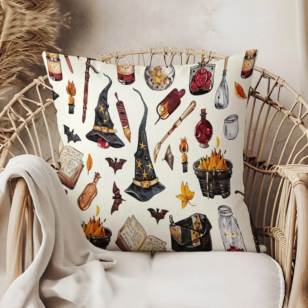 Square Throw Pillow Case White Halloween Witch Hat Magic Potion Bottle Bat Print For Living Room Sofa Bedroom Home Decor Cushion