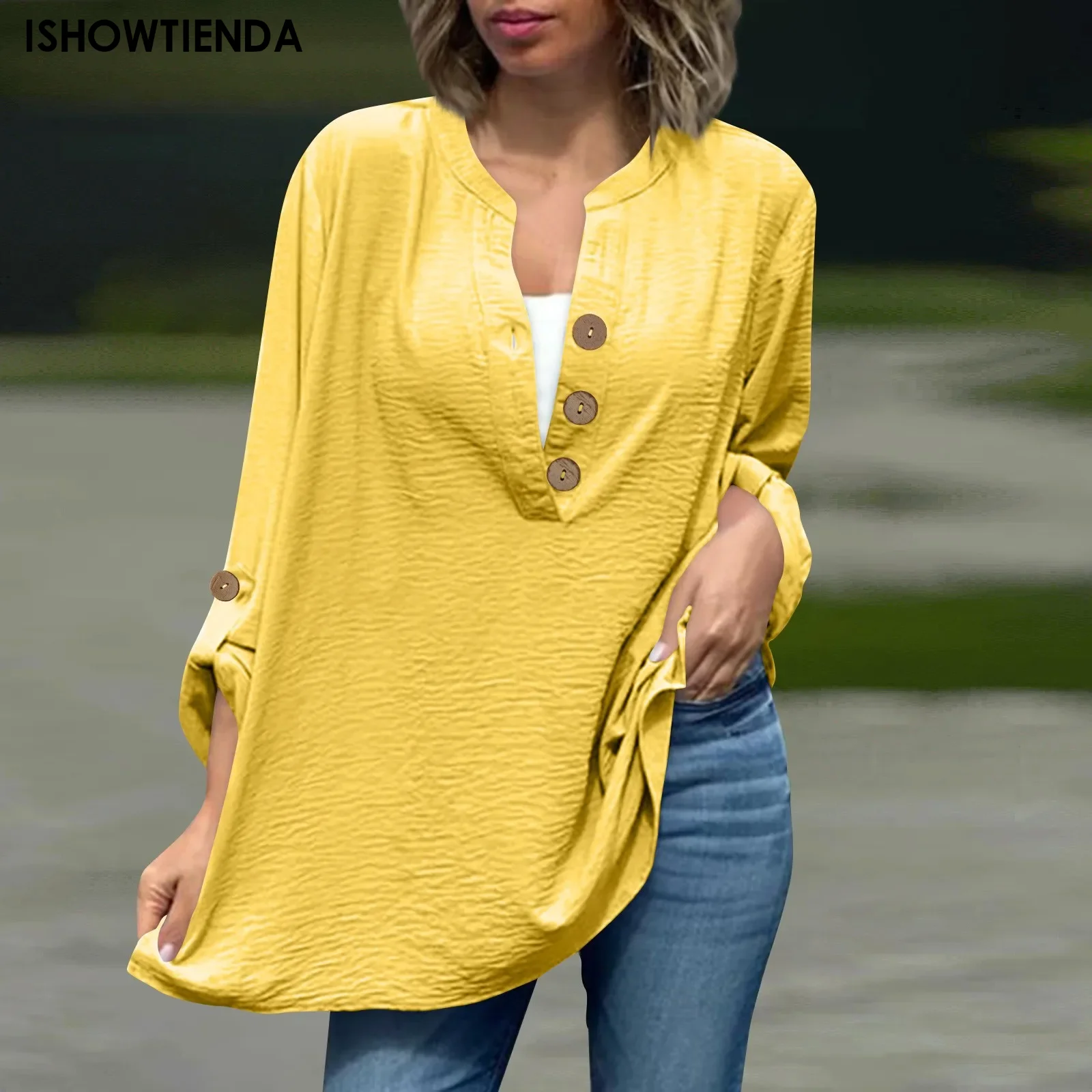 2024 Long Sleeve Spring Women Slub T Shirts Female Button Shirt V-neck Solid Color T-shirt Coffee Korean Soft Loose Tops