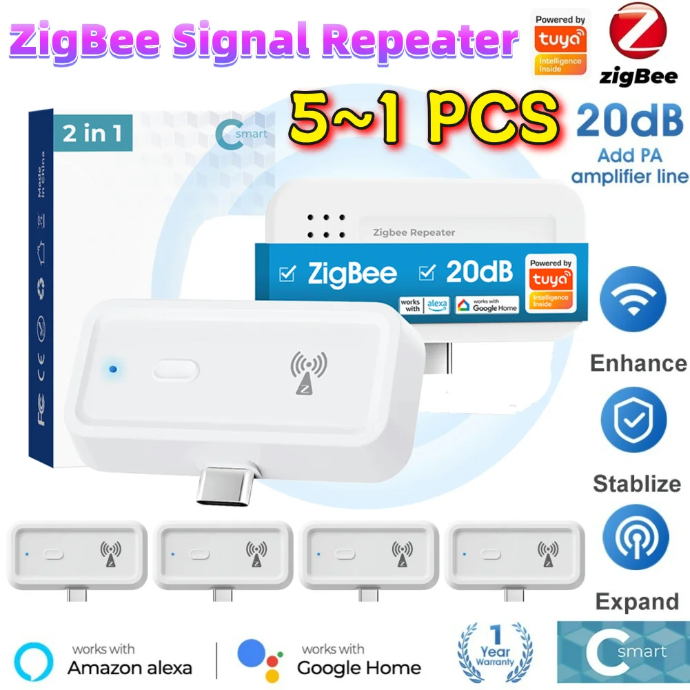 5-1PCS ZigBee Signal Repeater Work with ZigBee Gateway Hub Type C Signal Booster Output Power Up To 20db Home Automation Devices