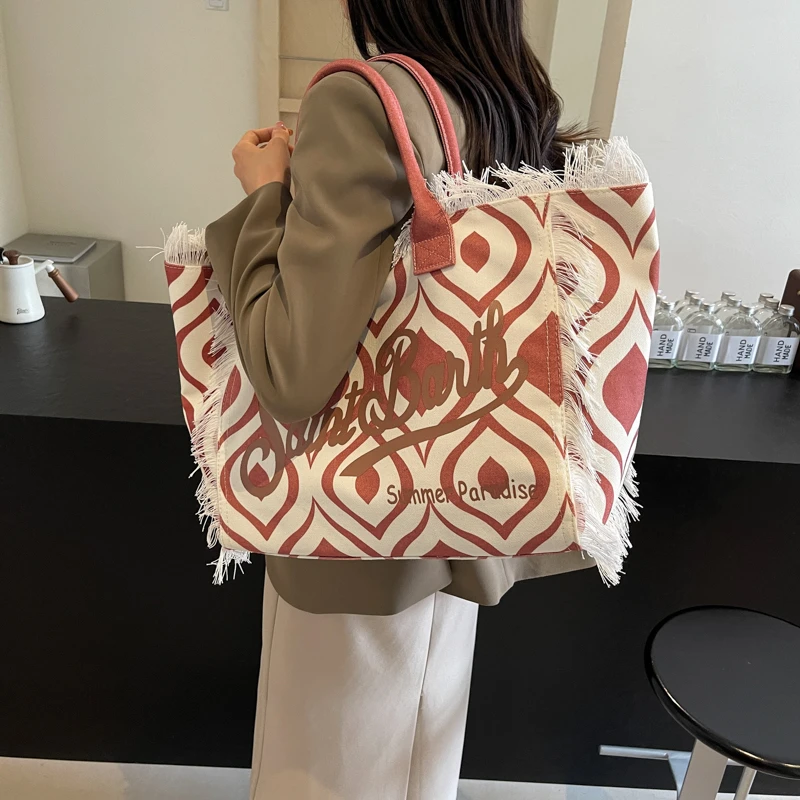 Bolso de lona con borla de letras coreanas populares, bolso de gran capacidad, bolso de mano simple para estudiantes de viaje a un solo hombro