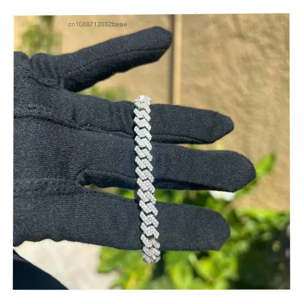 Luxury Hip Hop Men Chain 8mm 10mm 12mm Width 2 Rows 925 Silver Prong Setting Iced Out Moissanite Cuban Link Bracelet.