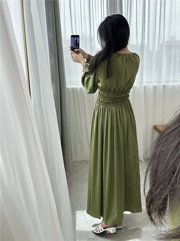 Satin dress Hanging Dress 2024 Spring New V-neck Long Sleeve Waist Fold Satin Long Dress French Style